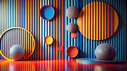 Striped spheres and vibrant circles adorn a colorful striped backdrop, creating an abstract and dynamic visual composition ideal for modern design inspiration