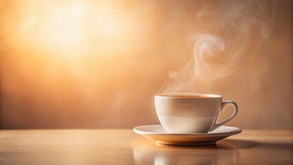 Obraz premium Aromatic Steam Rising from a Warm Cup of Coffee on a Wooden Table in Soft Morning Light