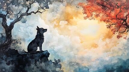 Loyal Canine Silhouette: Watercolor Painting of a Dog at Dawn AI Generated