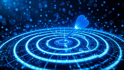 Obraz premium Business Milestone: Target Goal Achieved on holographic Background. Business Success Target: Low-Poly Dart Hitting Bullseye on Blue Background with Futuristic Design