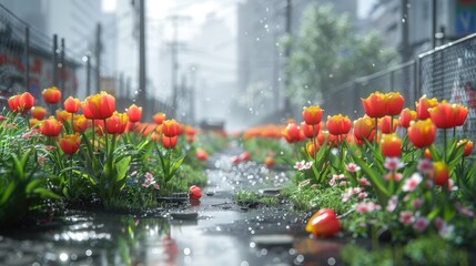 Vibrant tulips blooming along a wet city street, with a misty urban backdrop and soft sunlight