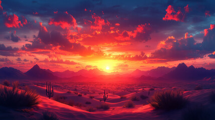 A voxel desert landscape with huge, blocky sand dunes under a dramatic sky filled with swirling clouds in shades of fiery red, gold, and purple