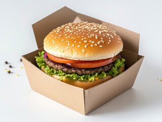 Freshly Made Hamburger with Sesame Seed Bun in Eco-Friendly Takeout Box Surrounded by Colorful Ingredients and Table Decor