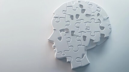 Representation of a human head made from white puzzle pieces symbolizing the complexity of mental health and cognition in a minimalist style