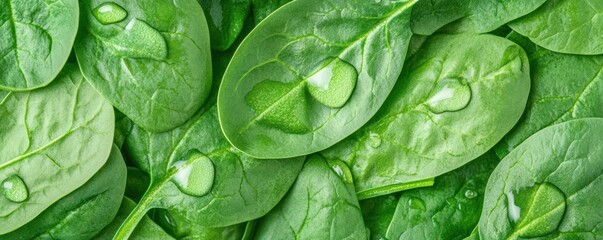 Fototapeta premium Fresh Spinach Leaves With Water Drops Close Up on Green Background