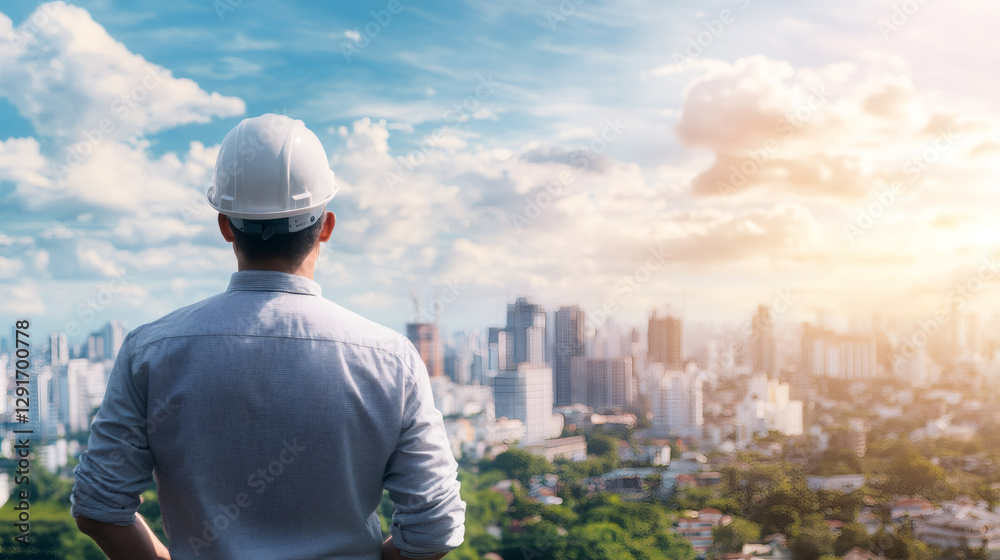 Poster back view of an engineer wearing a hardhat, gazing at a developing city skyline illuminated by the v