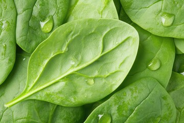 Close-Up of Fresh Spinach Leaves with Water Droplets on Surface