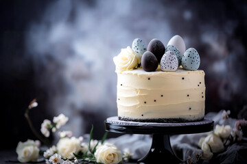 Minimalist Easter cake with smooth buttercream, topped with white roses and blue speckled eggs, set against a soft smoky backdrop.