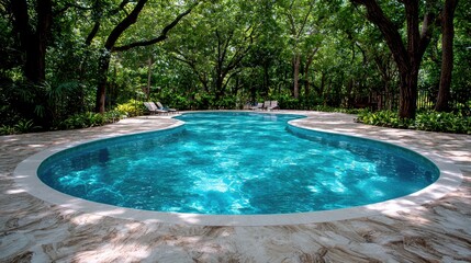Tropical resort pool, lush foliage, relaxation