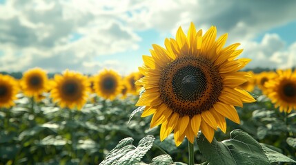 Fototapeta premium Sunflower blooms in a vibrant field nature photography countryside landscape bright sky view