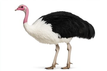 Ostrich, full-body shot, side-view profile, isolated on a white background, high-resolution photography