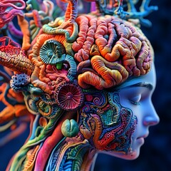 brightly colored sculpture of a woman  s head with a brain and tentacles