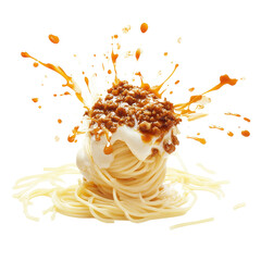 Spaghetti Explosion: A dynamic capture of a spaghetti dish, featuring perfectly cooked pasta crowned with meat sauce and a dollop of cream,  isolated on transparent or white background, png.