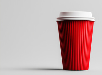 red plastic cup with white lid stands on gray background, showcasing its vibrant color and textured design. This evokes sense of casual dining or outdoor gatherings