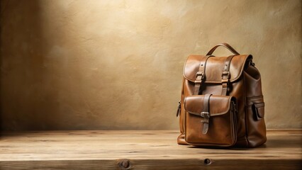 A Rustic Brown Leather Backpack Rests on a Wooden Table Against a Textured Background