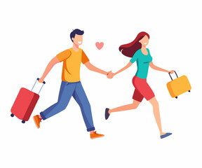 A cheerful cartoon illustration of a man and a woman holding hands, running in a joyful manner.