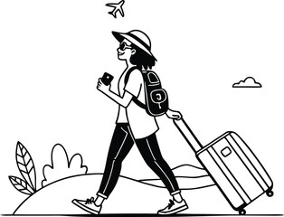 Happy traveler pushing suitcase, exploring new destinations.