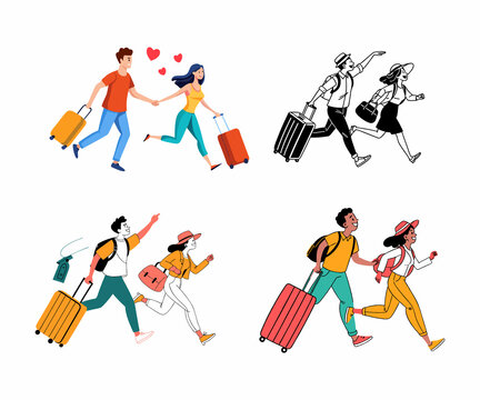 Four pairs of tourists are depicted in a vibrant, cartoon-style illustration, running with luggage.