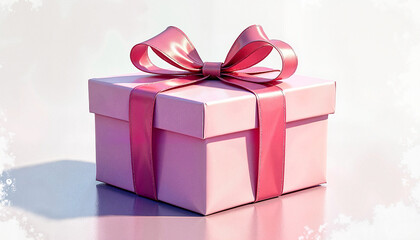 Fototapeta premium Photorealistic digital watercolor of a close-up square pink gift box with a luxurious silk ribbon, featuring subtle reflections on a white background