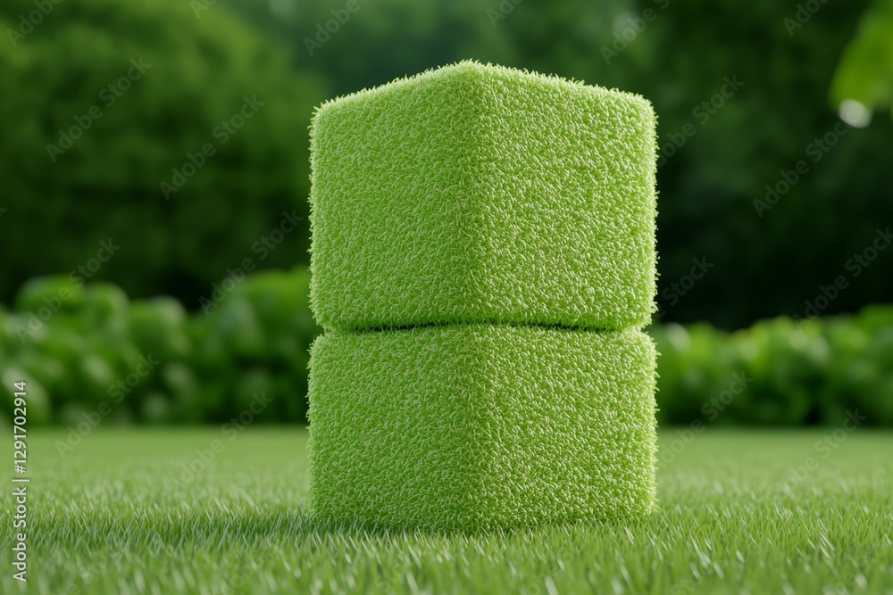 Poster 3D render of square green blocks in an array, with a depth-of-field effect, set against a background of lush greens and soft sunlight, creating a serene atmosphere. Rendered using Cinema 4D