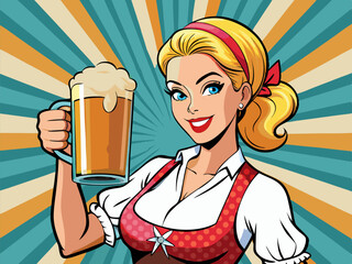 Girl waitress carries beer glass. Oktoberfest celebration. Vector illustration in pop art retro comic style