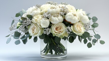 Obraz premium Elegant wedding bouquet of white roses and eucalyptus floral arrangement studio setting romantic aesthetic