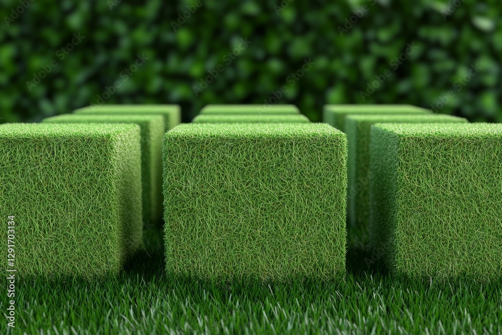 Poster 3D render of square green blocks in an array, with a depth-of-field effect, set against a background of lush greens and soft sunlight, creating a serene atmosphere. Rendered using Cinema 4D