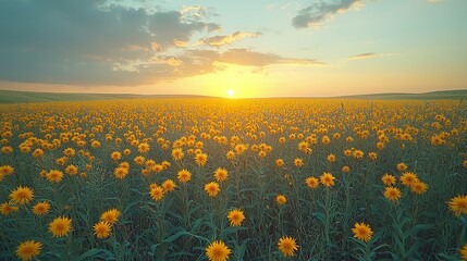 Obraz premium Sunflower fields blooming at sunrise nature landscape photography rural serenity vibrant atmosphere