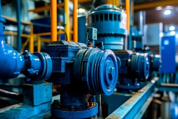 Fototapeta premium A series of industrial water pumps are arranged in a manufacturing facility, showcasing intricate machinery and piping. Bright orange pipes connect the pumps, with natural light illuminating the area