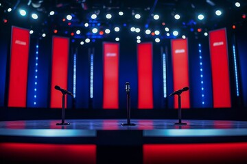 Political debate stage with microphones, empty space.
