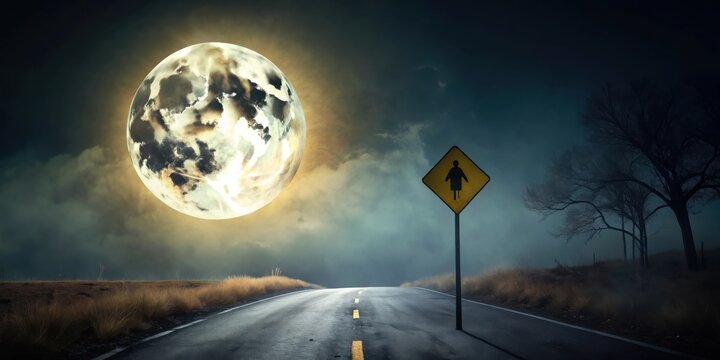 A lone figure sign on a desolate road under a luminous night sky