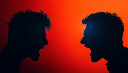 Two men shouting at each other in silhouette against vibrant orange background, capturing intense emotions and conflict