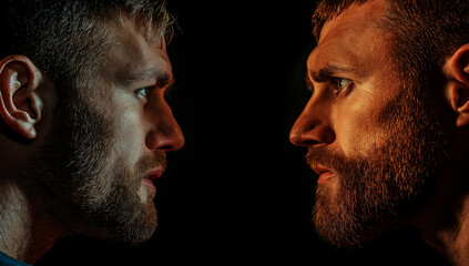 Fototapeta premium Intense close up of two men facing each other, showcasing strong emotions and contrasting lighting. Their expressions convey sense of confrontation and depth