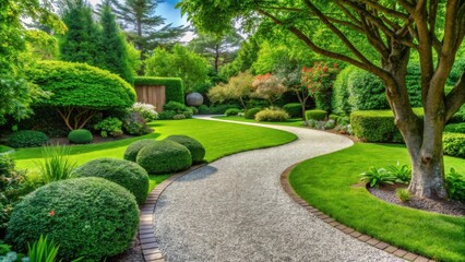 Serene Garden Path Winding Through Lush Greenery, Featuring Ornamental Shrubs and a Gravel Walkway