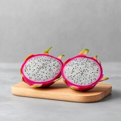 High Detail Sliced Dragon Fruit on Wooden Board Presentation