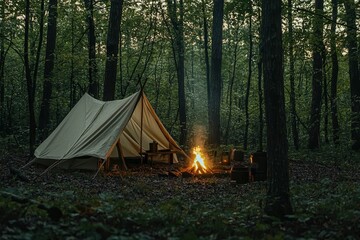 Tent and campfire in forest at dusk, blank area.