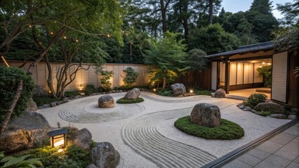 Mental Health Wellness Mindfulness Meditation Concept Serene Japanese garden with rocks, greenery, and soft lighting creating a tranquil atmosphere.