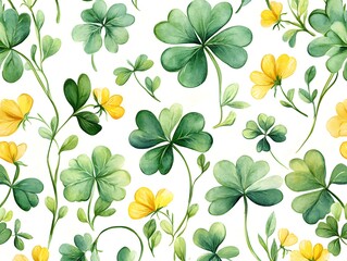 seamless pattern featuring vibrant green shamrocks (clovers) intertwined with delicate curling vines on a white background. Small yellow, red and blue flowers are scattered throughout