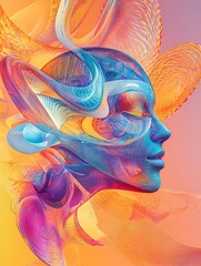 brightly colored digital art of a woman  s face with a snake head