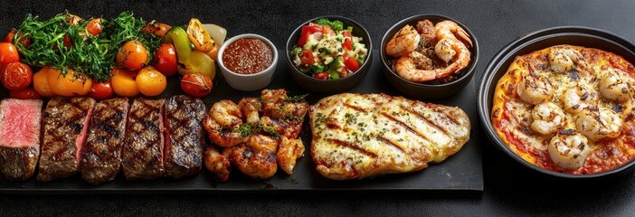 Fototapeta premium Gourmet platter featuring grilled meat, fresh seafood, vibrant vegetables, and colorful salads elegantly arranged on a dark background for culinary delight