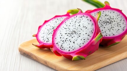 High Detail Sliced Dragon Fruit on Wooden Cutting Board Background