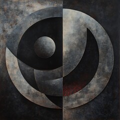 painting of a black and white circular design with a red dot