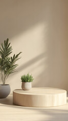 A minimalist wooden podium with a round shape and smooth surface is placed on the table in front of a beige wall
