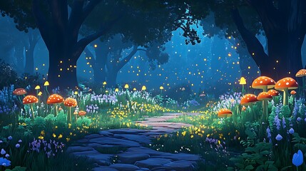 Enchanted Forest Path at Night: Digital Painting of a Magical Woodland Scene AI Generated