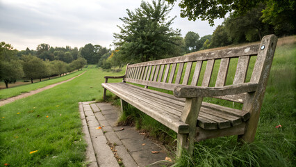Fototapeta premium Rustic Wooden Park Bench – Tranquil Nature Escape Along a Scenic Pathway