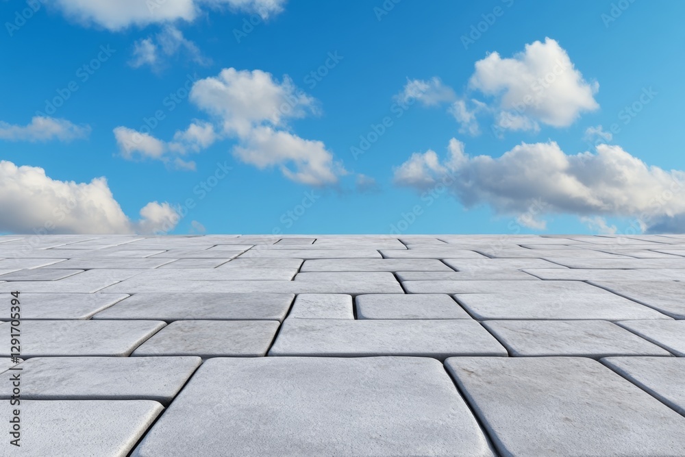 Poster A clean, modern concrete wall with a blue sky and clouds in the background. The scene is captured from an eye-level perspective, focusing on the architectural elements of the structure. A large