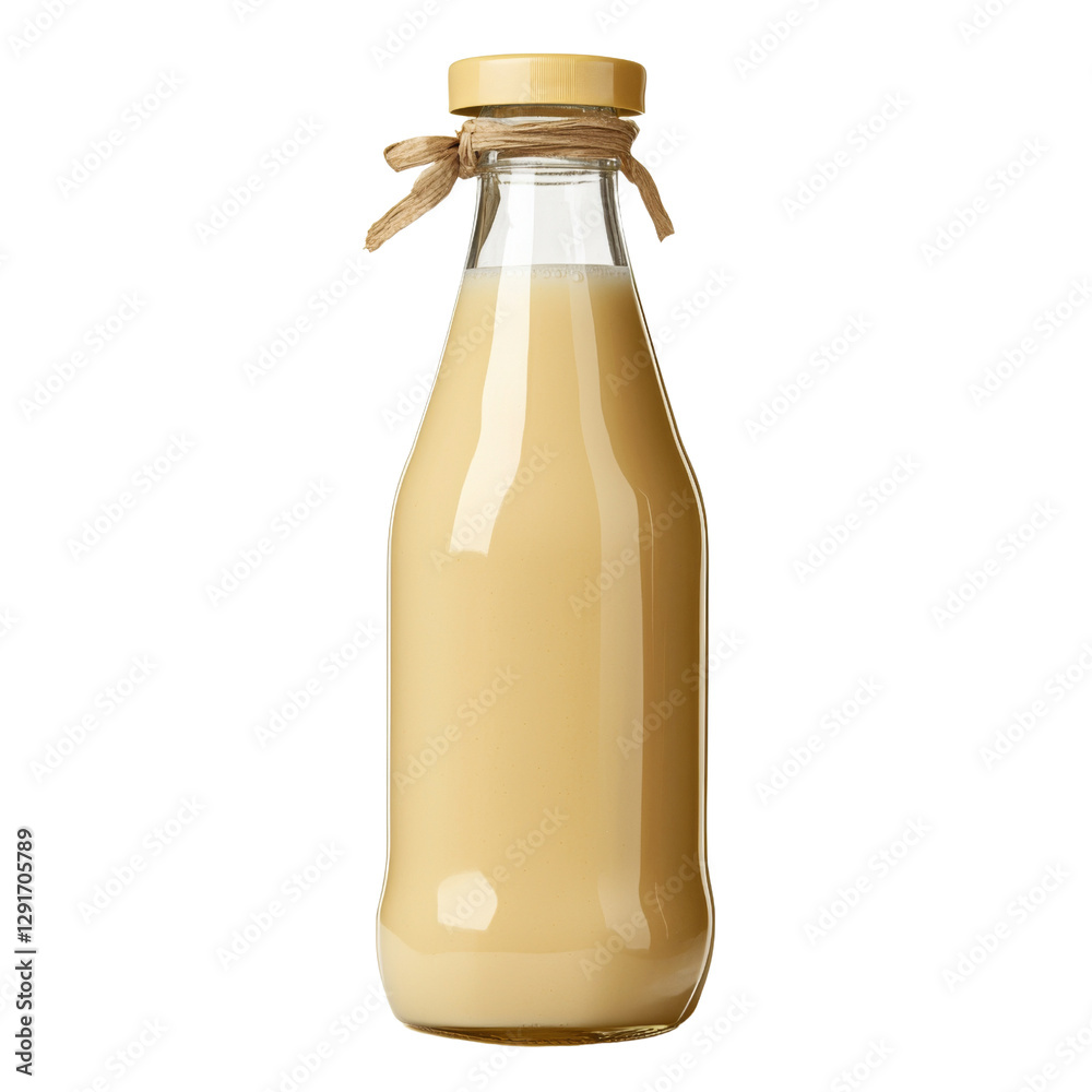 Poster freshly bottled milk with creamy texture and light brown color, tied with rustic string for natural 