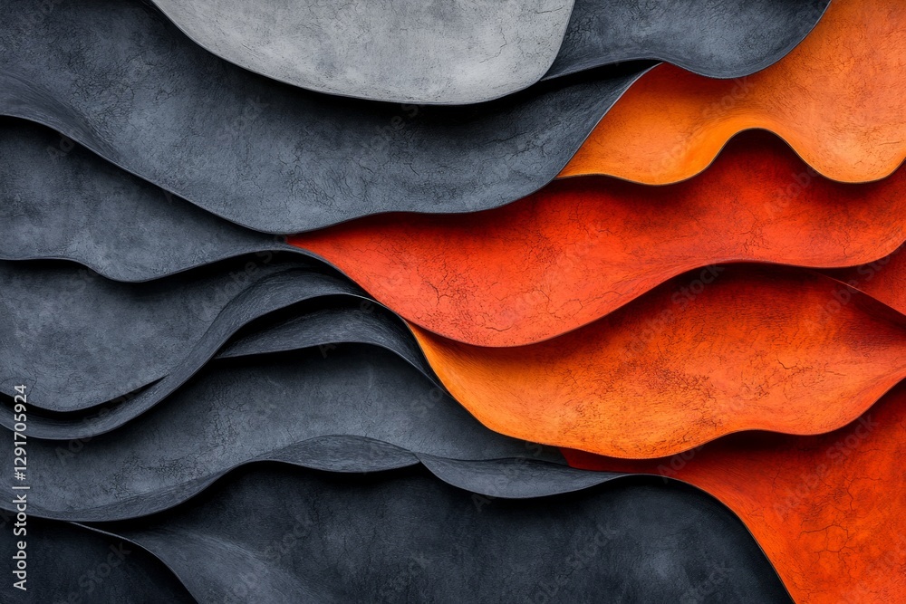 Poster A close-up of the top view of an abstract wavy pattern made from lava, rendered in a high-contrast color scheme with orange and red hues. The background is dark gray to accentuate the vivid