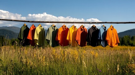 Colorful Rain Ponchos Drying in a Mountain Meadow AI Generated