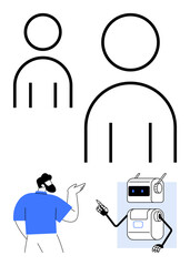 Human figures outline a person gesturing, and a robot. Ideal for technology, AI, communication, education, interaction, creativity, simplicity themes. Line metaphor